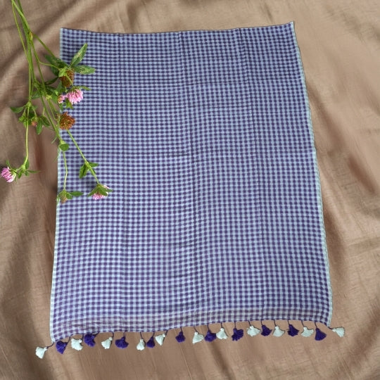 Purple Bengol Mulmul Cotton Checks Saree