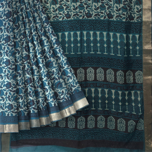 Dark Green Bangalore Silk Hand Block Printed Saree